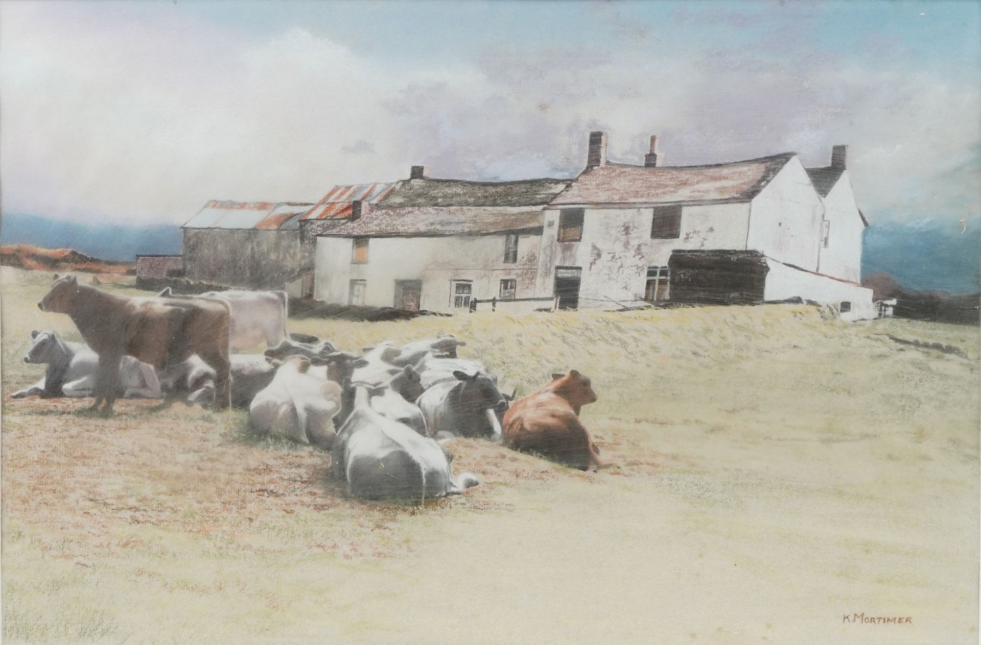 K Mortimer - Cattle before farm buildings, coloured chalks, framed and glazed, 51.5cm x 35cm