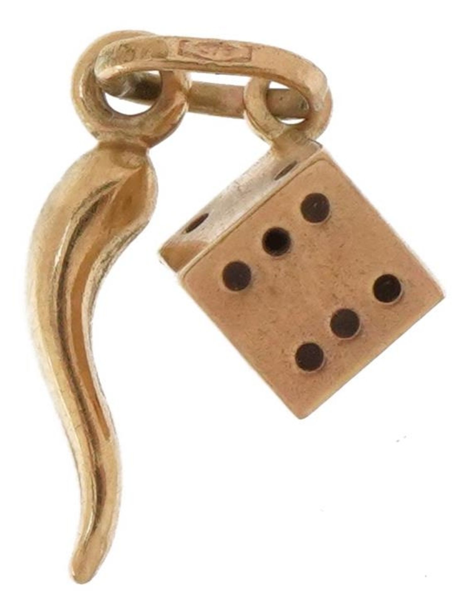 9ct gold horn of plenty and dice charm, 1.6cm high, 0.4g : For further information on this lot - Bild 2 aus 3