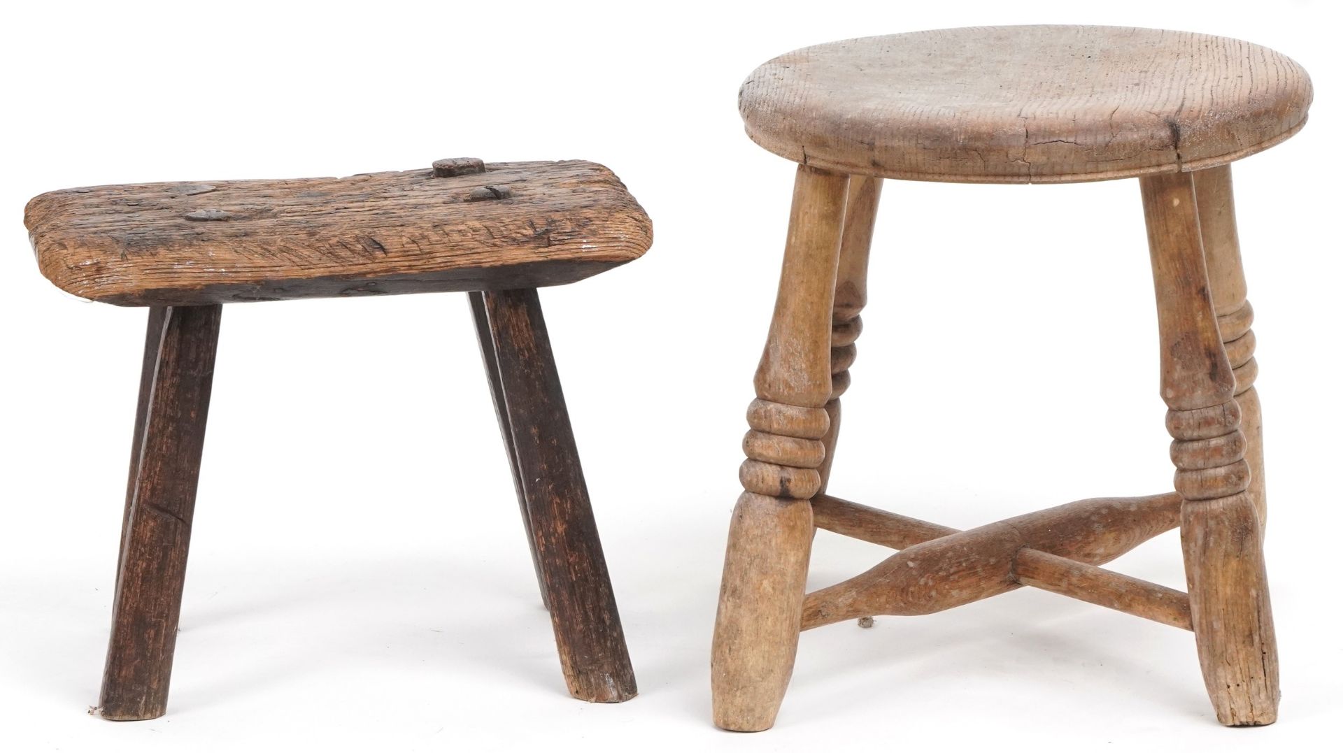 Two antique wooden stools, the largest 31cm high : For further information on this lot please