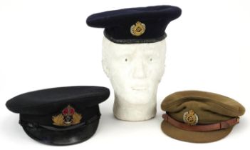 Two military interest peaked caps and a Royal Engineers beret : For further information on this