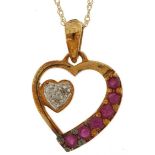 Unmarked gold diamond and ruby love heart pendant on a 9ct gold necklace, 2cm high and 44cm in