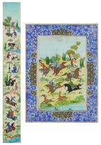 Two Persian plaques hand painted with warriors, housed in a Vizagapatam micro mosaic inlaid
