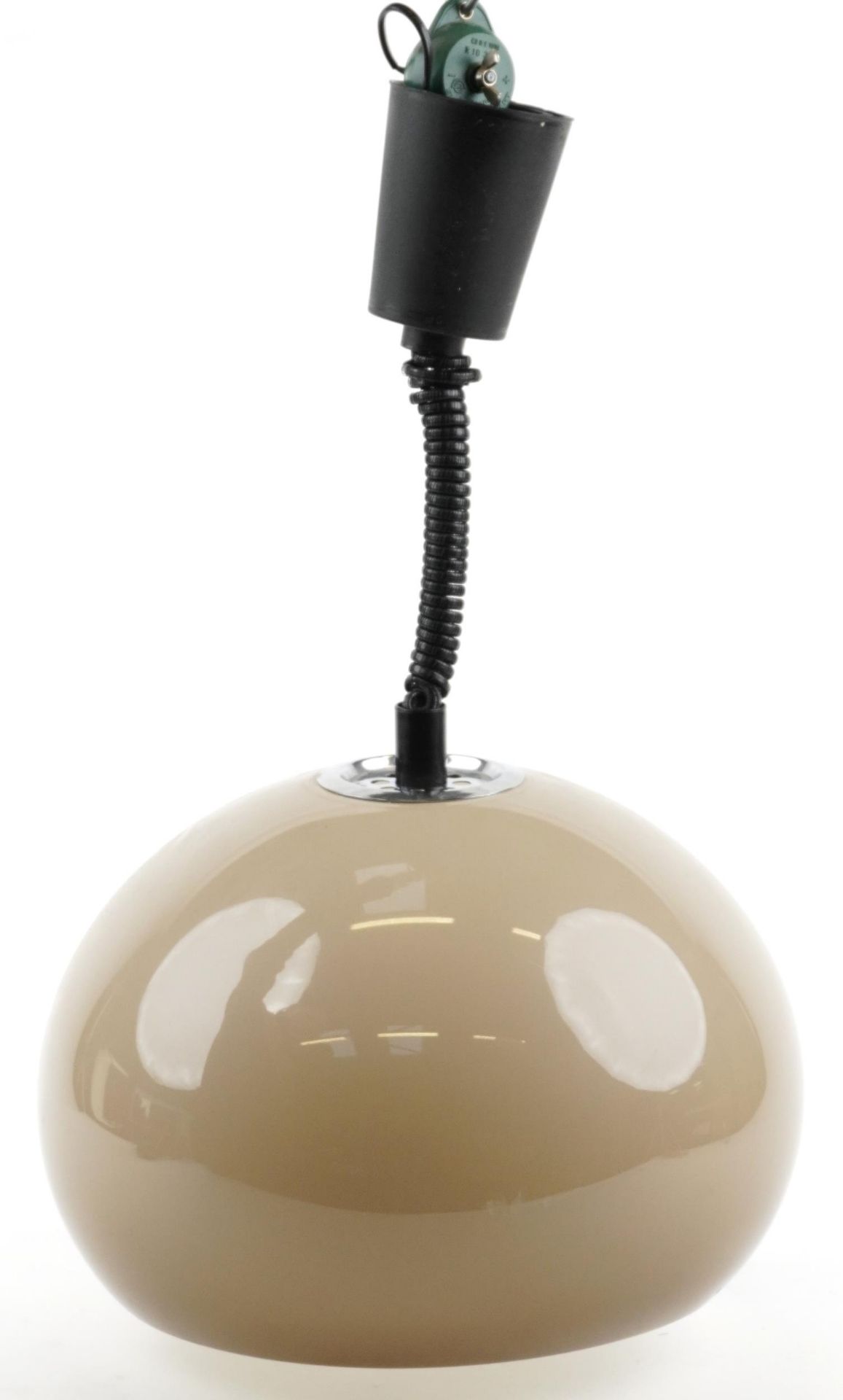 Mid century Plexiglass adjustable hanging light pendant with shade and Rohm label, 34cm in