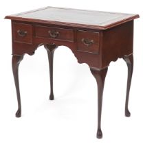 Mahogany writing desk with tooled green leather insert, three draws and cabriole legs, 74cm H x 77cm