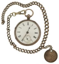 George V silver gentlemen's open face pocket watch on a graduated silver watch chain with 1888