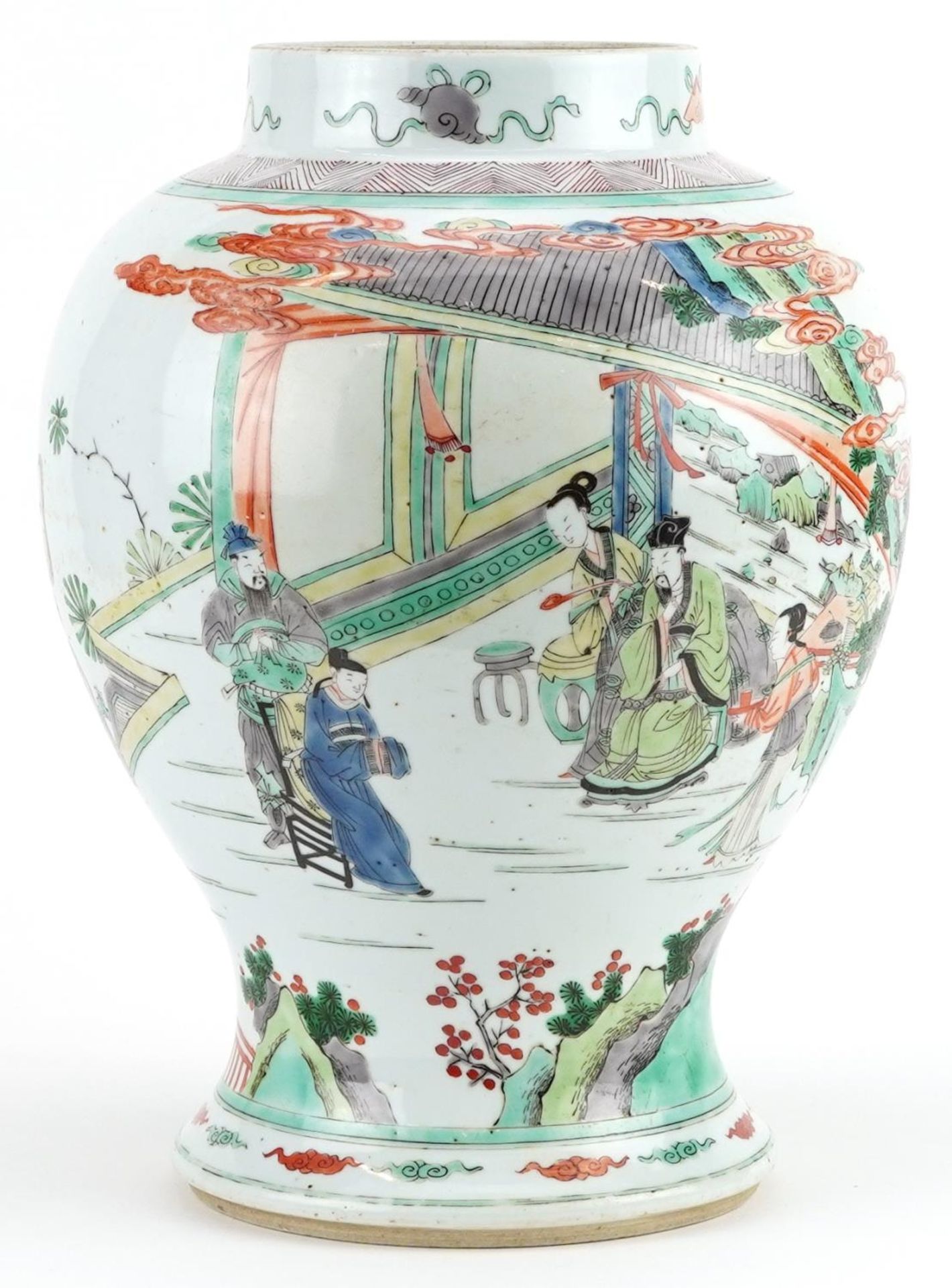 Chinese porcelain baluster vase hand painted in the famille verte palette with emperors and