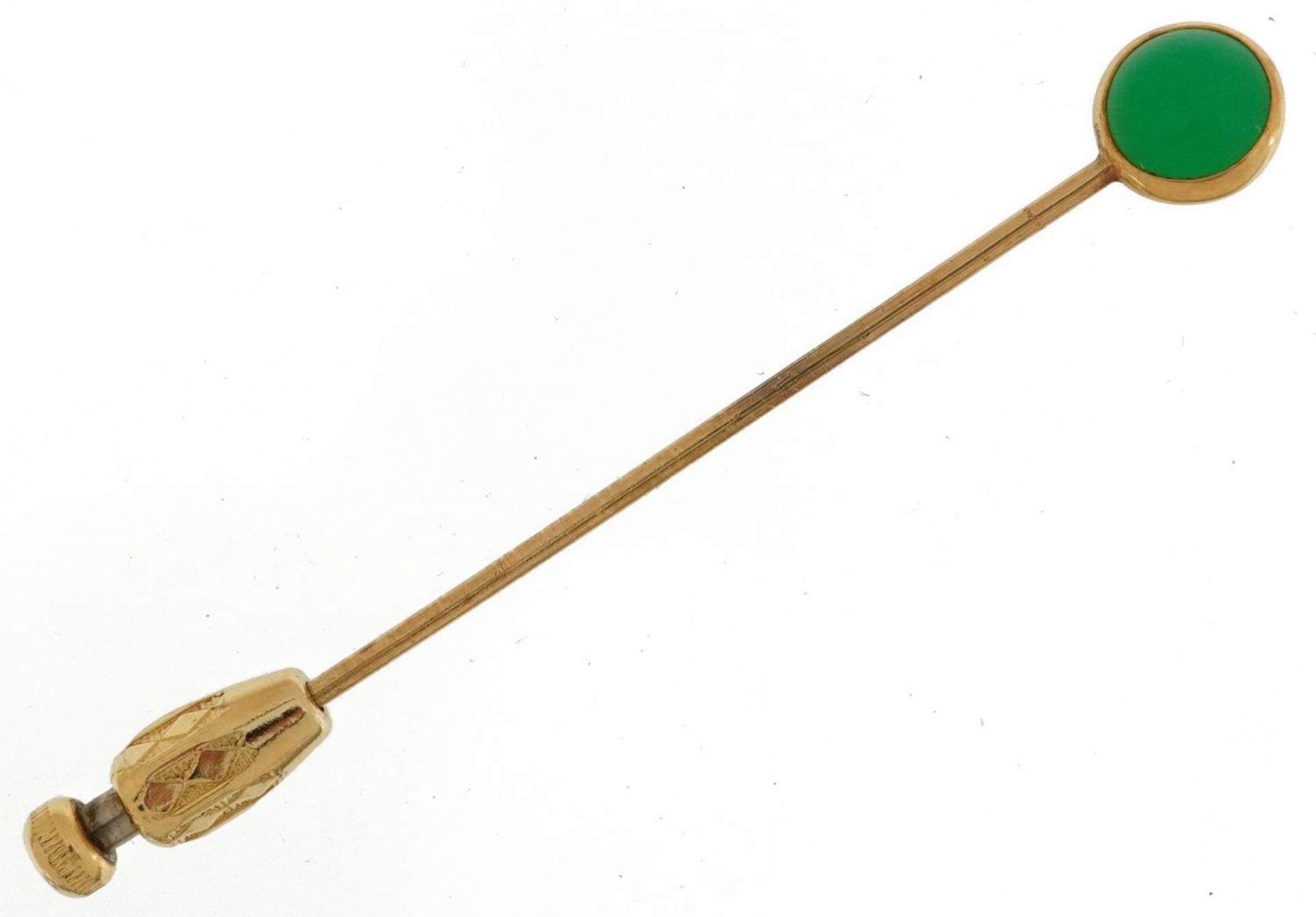 Tiffany & Co, unmarked gold green stone stickpin with box, tests as 14ct gold, housed in an S Kind & - Bild 2 aus 6