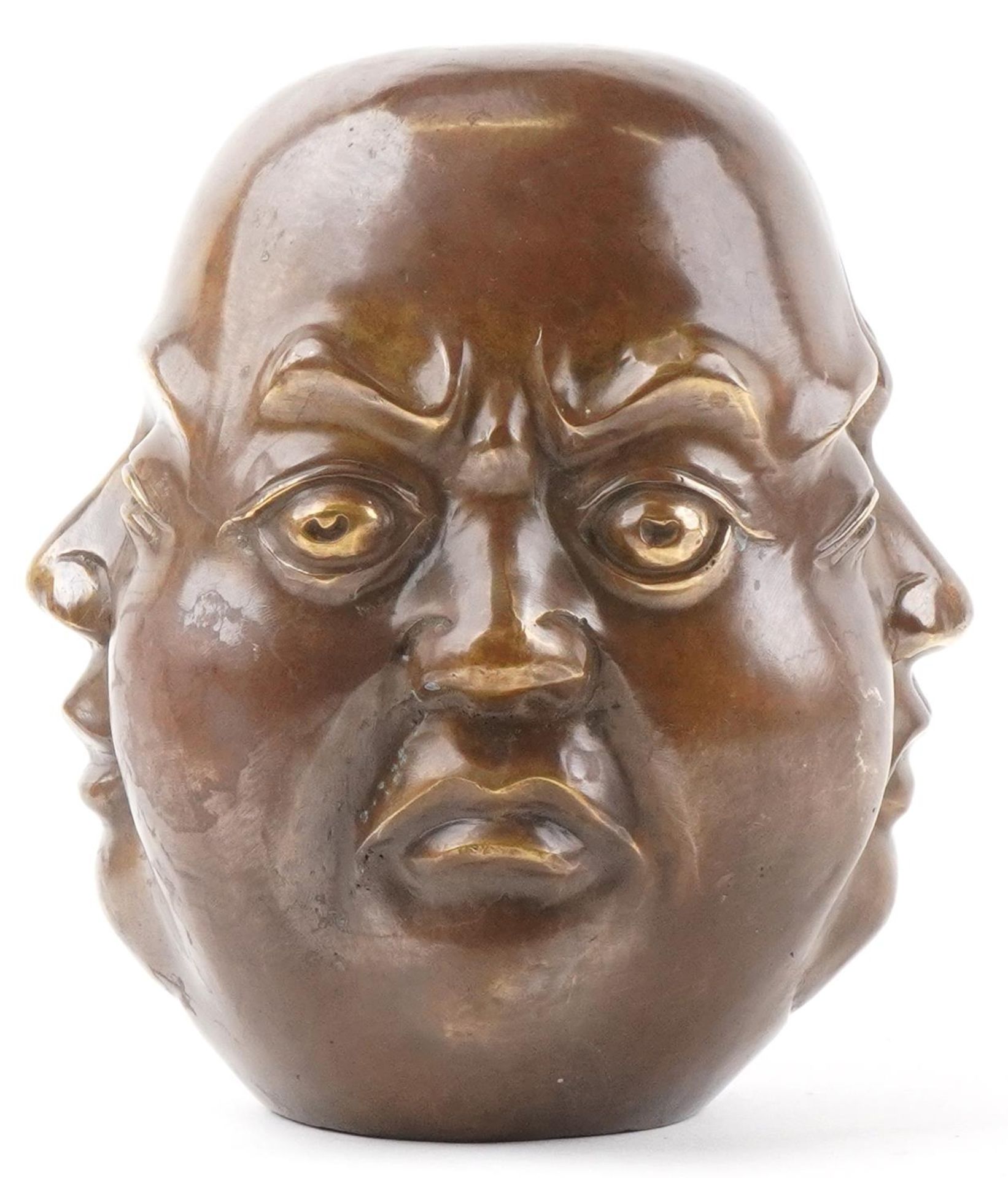 Large Chinese patinated bronze Buddha head, character marks to the base, 19cm high : For further