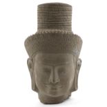 Cambodian style carved stone head of a bearded man, 32cm high : For further information on this