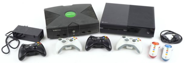 Xbox and Xbox One games consoles with four controllers and accessories : For further information