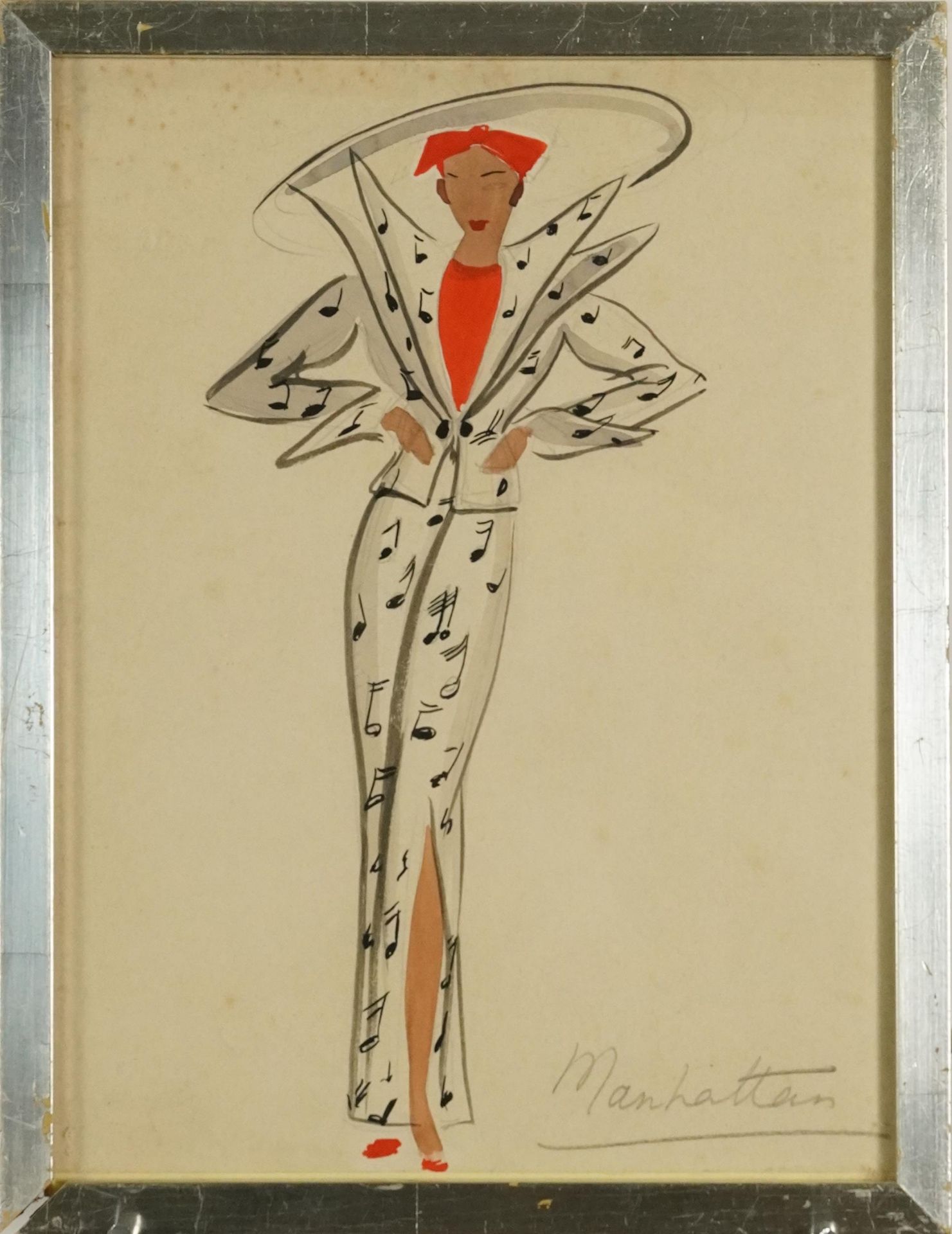 Dress design, Art Deco ink and watercolour inscribed Manhattan, framed and glazed, 25cm x 18.5cm - Image 2 of 4