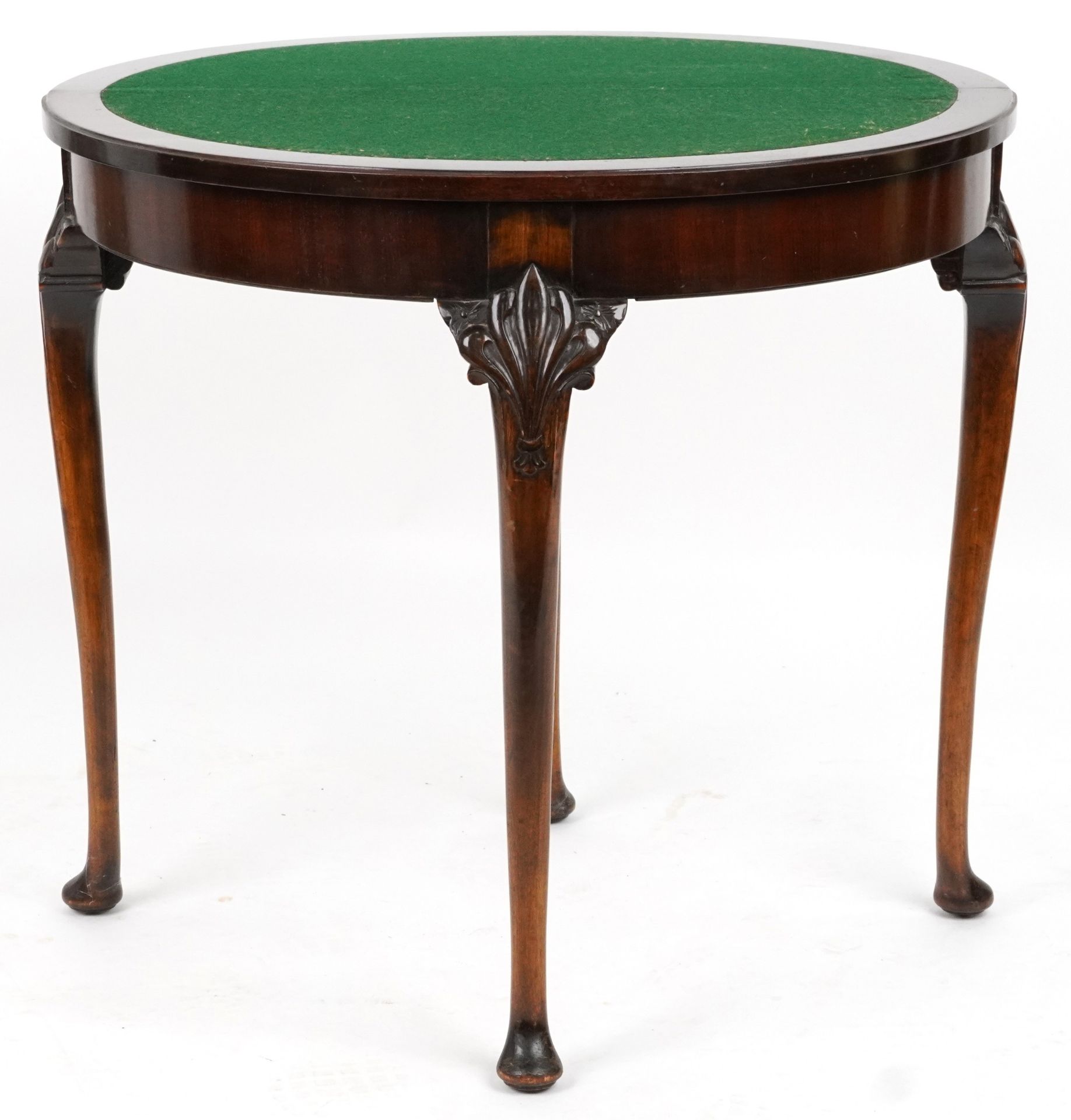 Georgian style mahogany demi lune card table with baize lined interior on cabriole legs, 74cm H x - Image 2 of 4