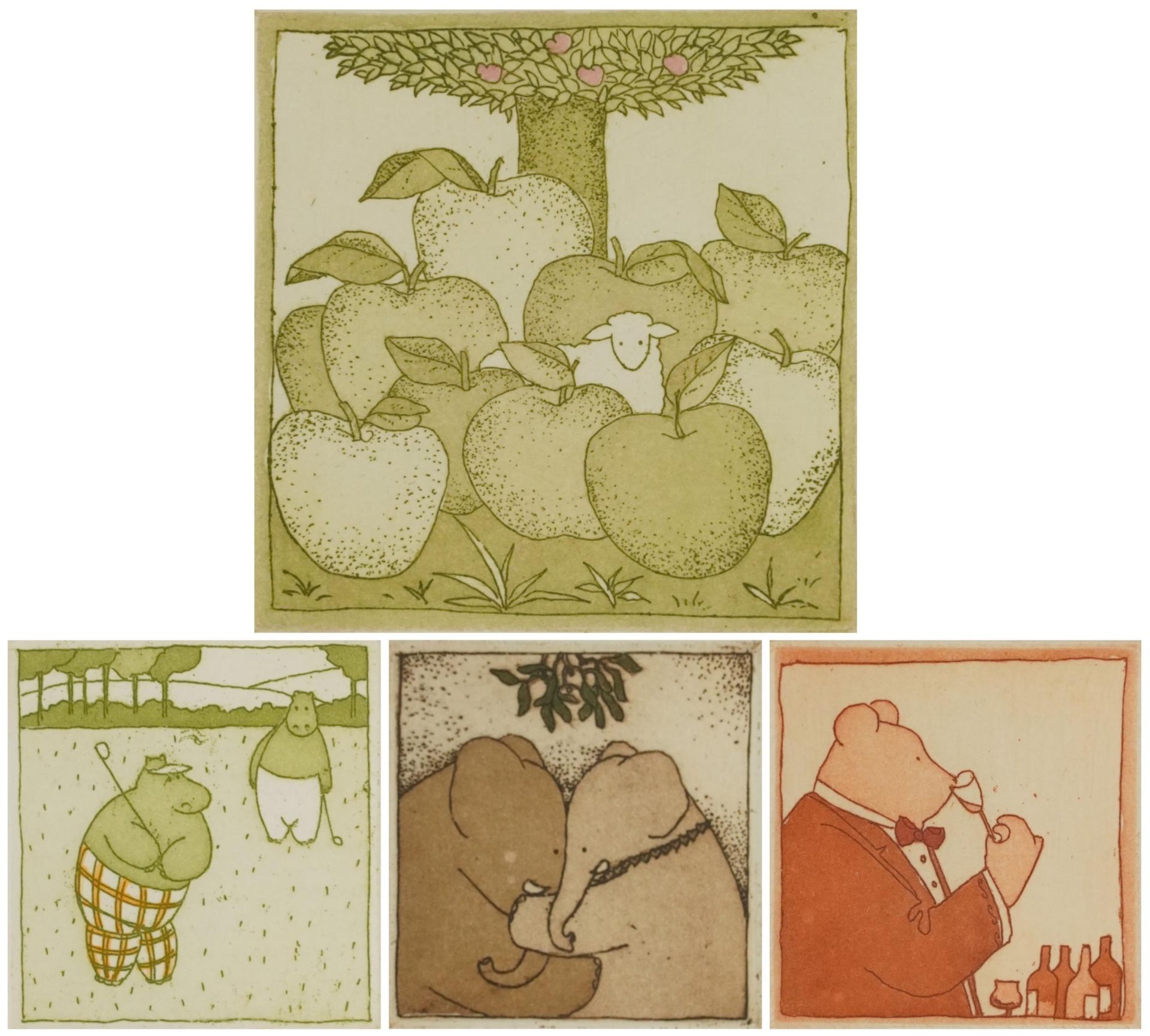 Maggie Burley - Comical animals, four pencil signed prints, each framed and glazed, three mounted,