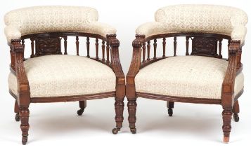 Pair of carved mahogany framed bedroom chairs with floral upholstery, 70cm high : For further