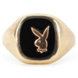 9ct gold black onyx Playboy bunny signet ring, size U, 4.0g : For further information on this lot