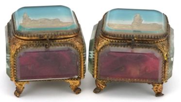 Pair of 19th century Grand Tour jewel caskets with bevelled glass panels and silk button back