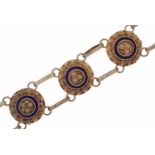 Mid century style unmarked silver and blue enamel floral bracelet, 16cm in length, 8.4g