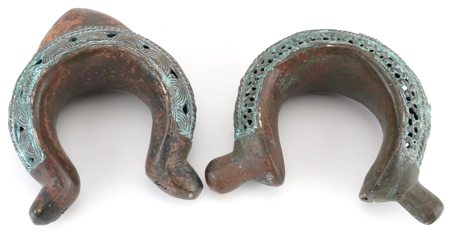 Two West African tribal interest verdigris copper open cuffs, the largest 17.5cm high - Image 3 of 3