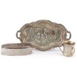 Victorian and later silver objects comprising a twin handled tray embossed with a gentleman