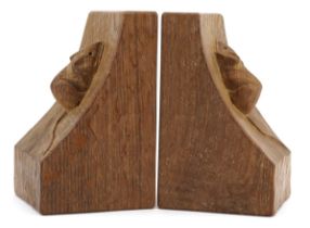 Robert Mouseman Thompson, pair of adzed oak bookends, each carved with signature mouse, each 15cm