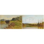 Figures beside a dam and ducks in water, pair of Victorian heightened watercolours on paper, each