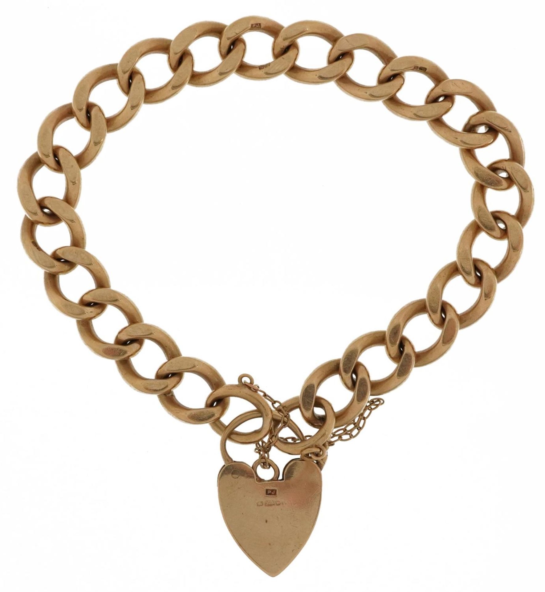 9ct gold engraved curb link charm bracelet with 9ct gold love heart padlock, 20cm in length, 40.0g - Image 2 of 3