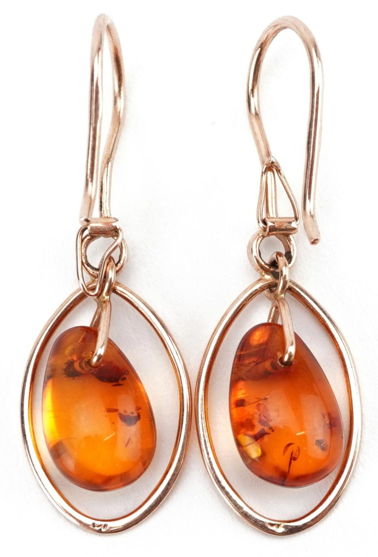 Pair of Russian 14ct gold natural amber drop earrings, 3.8cm high, 2.7g - Image 2 of 3