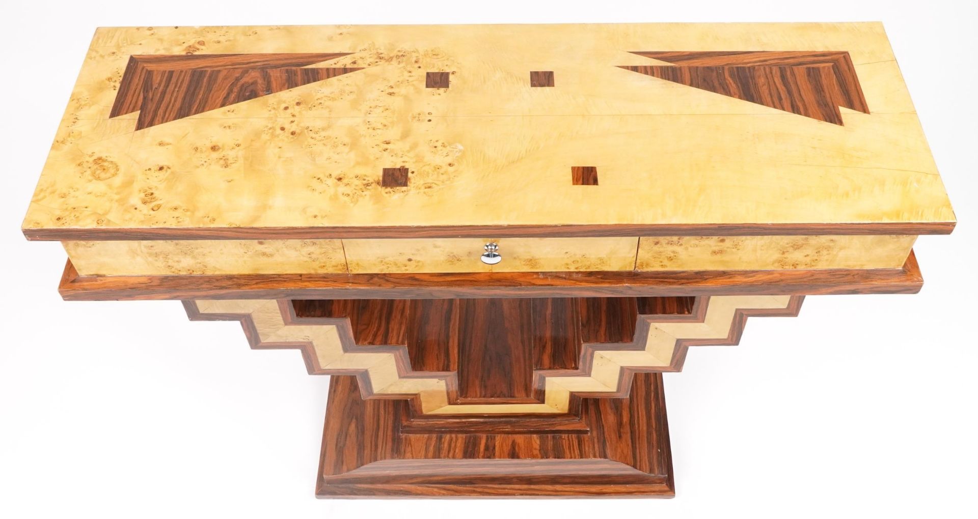 Art Deco style walnut and rosewood effect console table with frieze drawer, 84cm H x 120cm W x - Image 3 of 4