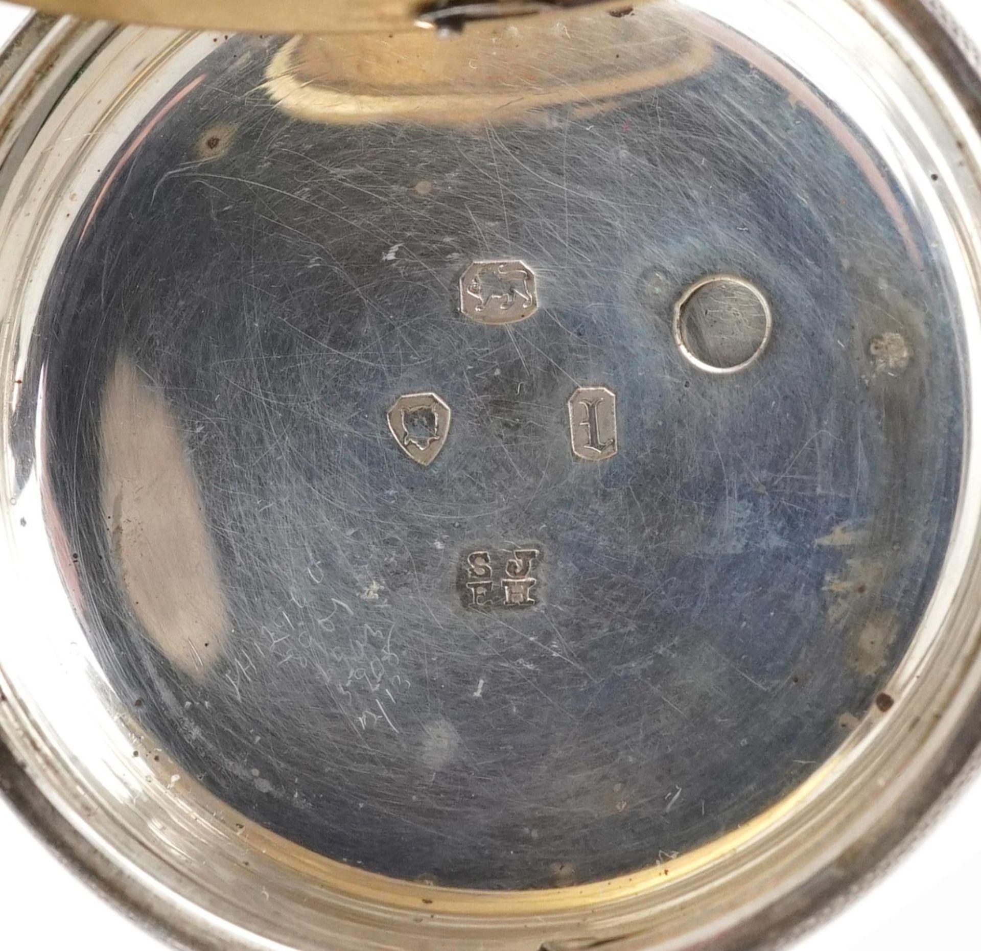 Victorian gentlemen's silver open face key wind fusee pocket watch having enamelled dial with - Bild 4 aus 4