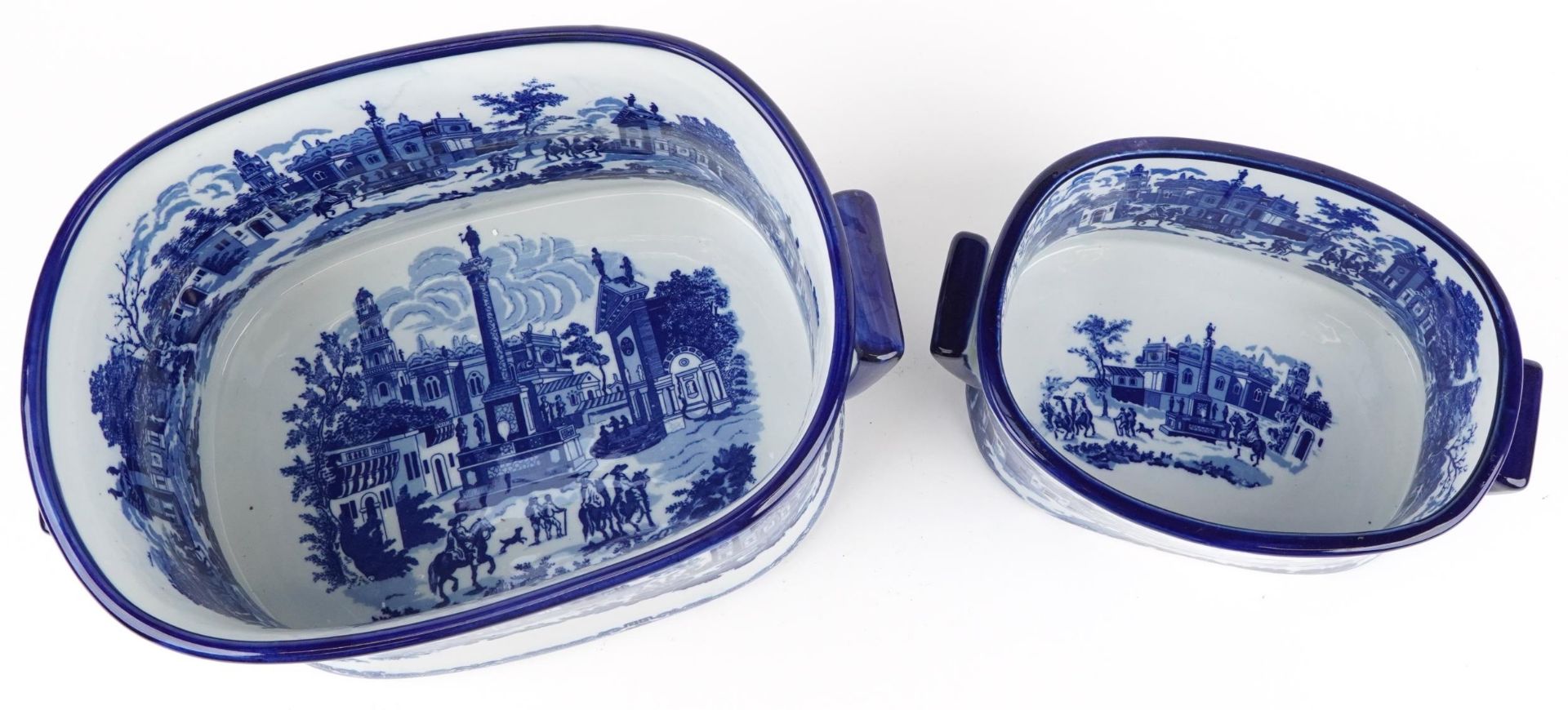 Two blue and white porcelain planters with twin handles, each decorated with cavaliers on horseback, - Image 2 of 4
