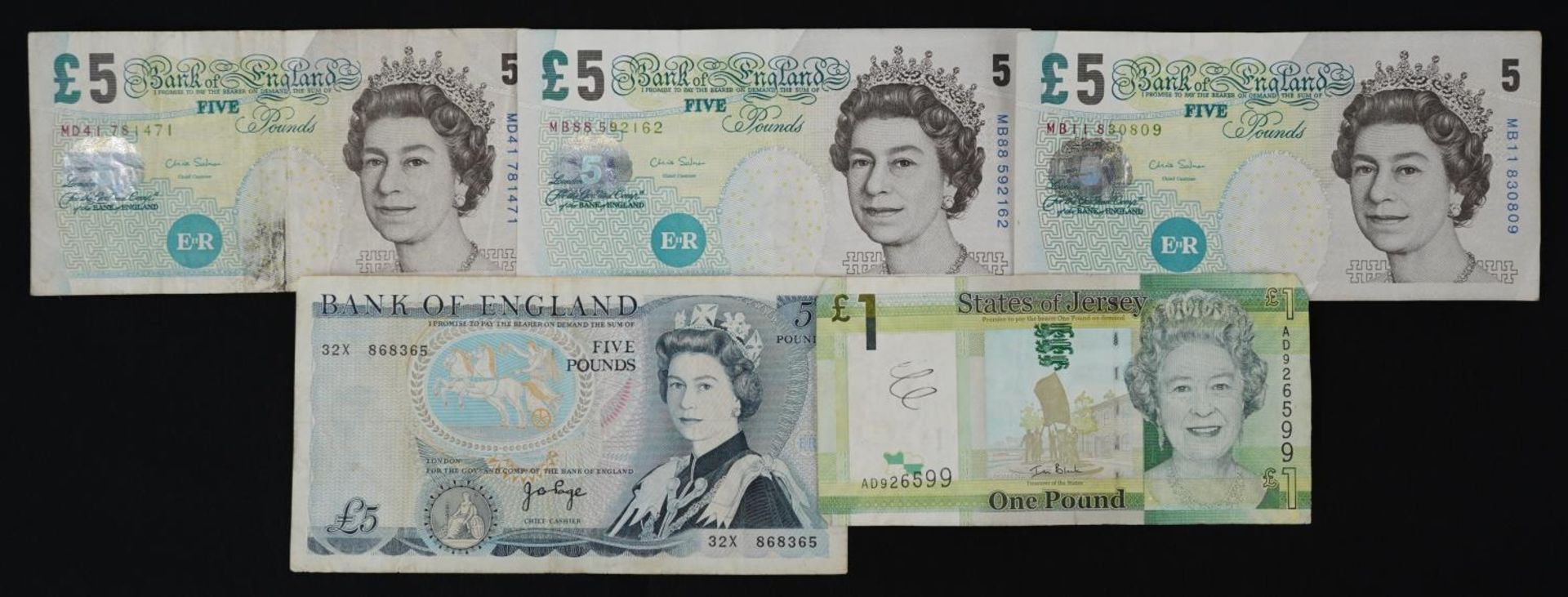 British and Irish banknotes including four Elizabeth II five pound notes