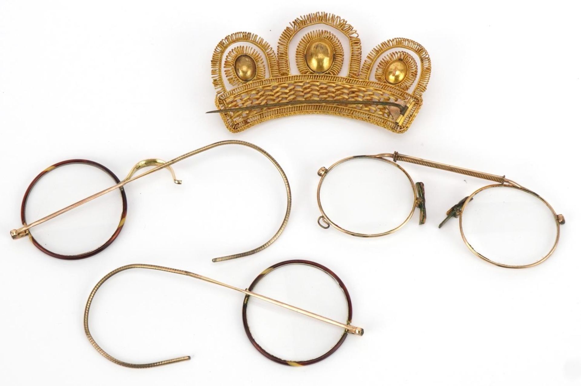 Two pairs of antique yellow metal spectacles and a yellow metal crown brooch set with orange stones, - Image 2 of 3