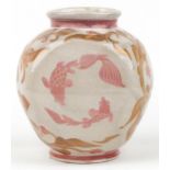 Jonathan Chiswell Jones, art pottery lustre vase hand painted with four Koi amongst foliage, 23cm