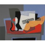 After Pablo Picasso - Still life with guitar, lithograph in colour, unframed, 87.5cm x 73.5cm