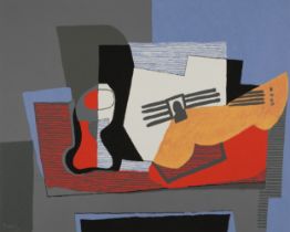 After Pablo Picasso - Still life with guitar, lithograph in colour, unframed, 87.5cm x 73.5cm