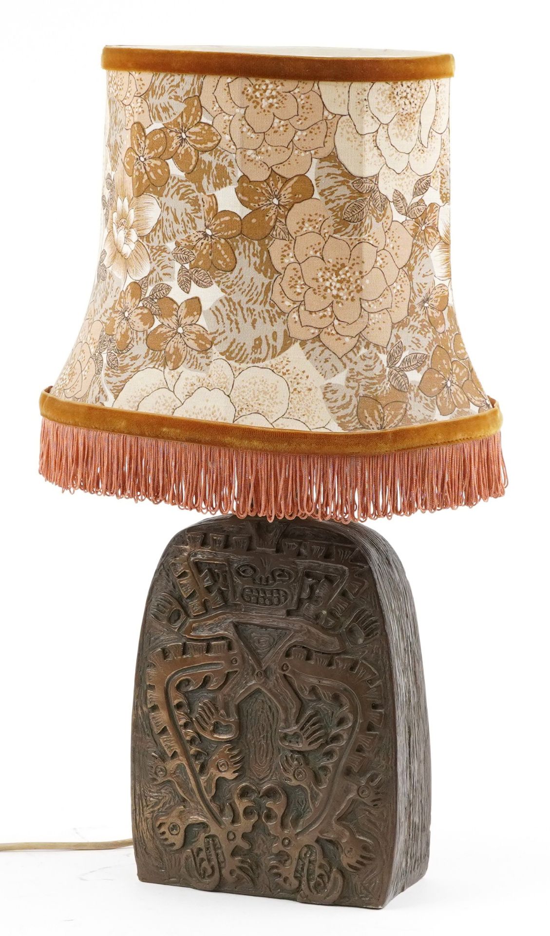 Mid century style cold cast bronze table lamp with shade decorated in relief with mythical