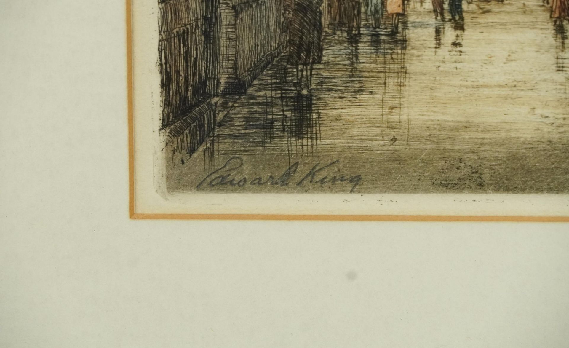 Edward King - London street scenes, set of four pencil signed coloured etchings, mounted, framed and - Bild 4 aus 20