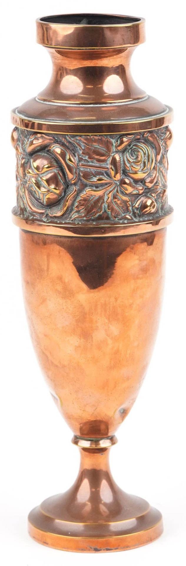 Art Nouveau coppered brass vase decorated in relief with a continuous band of stylised flowers, 36. - Image 2 of 4