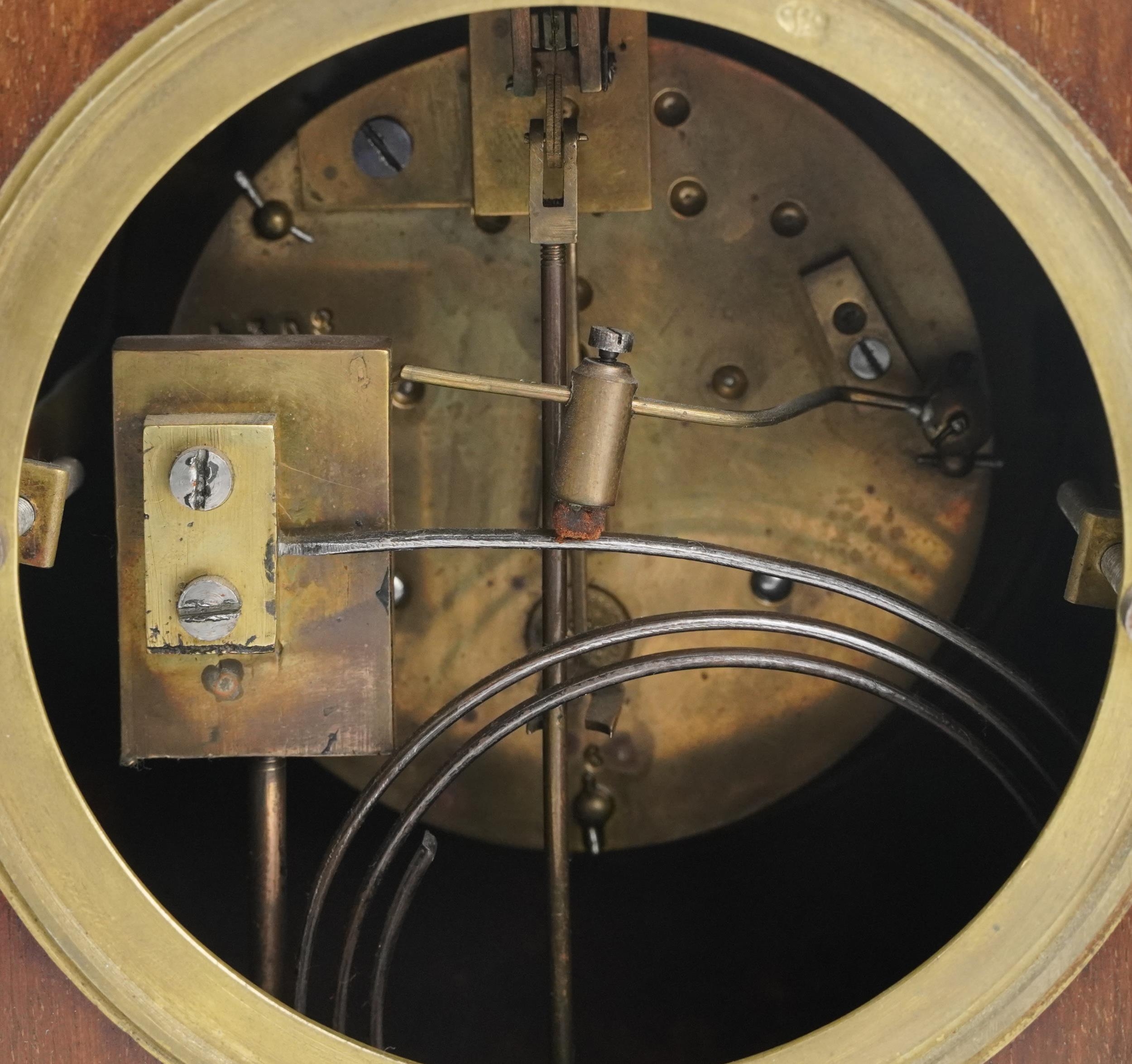 Edwardian inlaid mahogany dome top mantle clock with painted chapter ring having Roman numerals, - Image 5 of 6