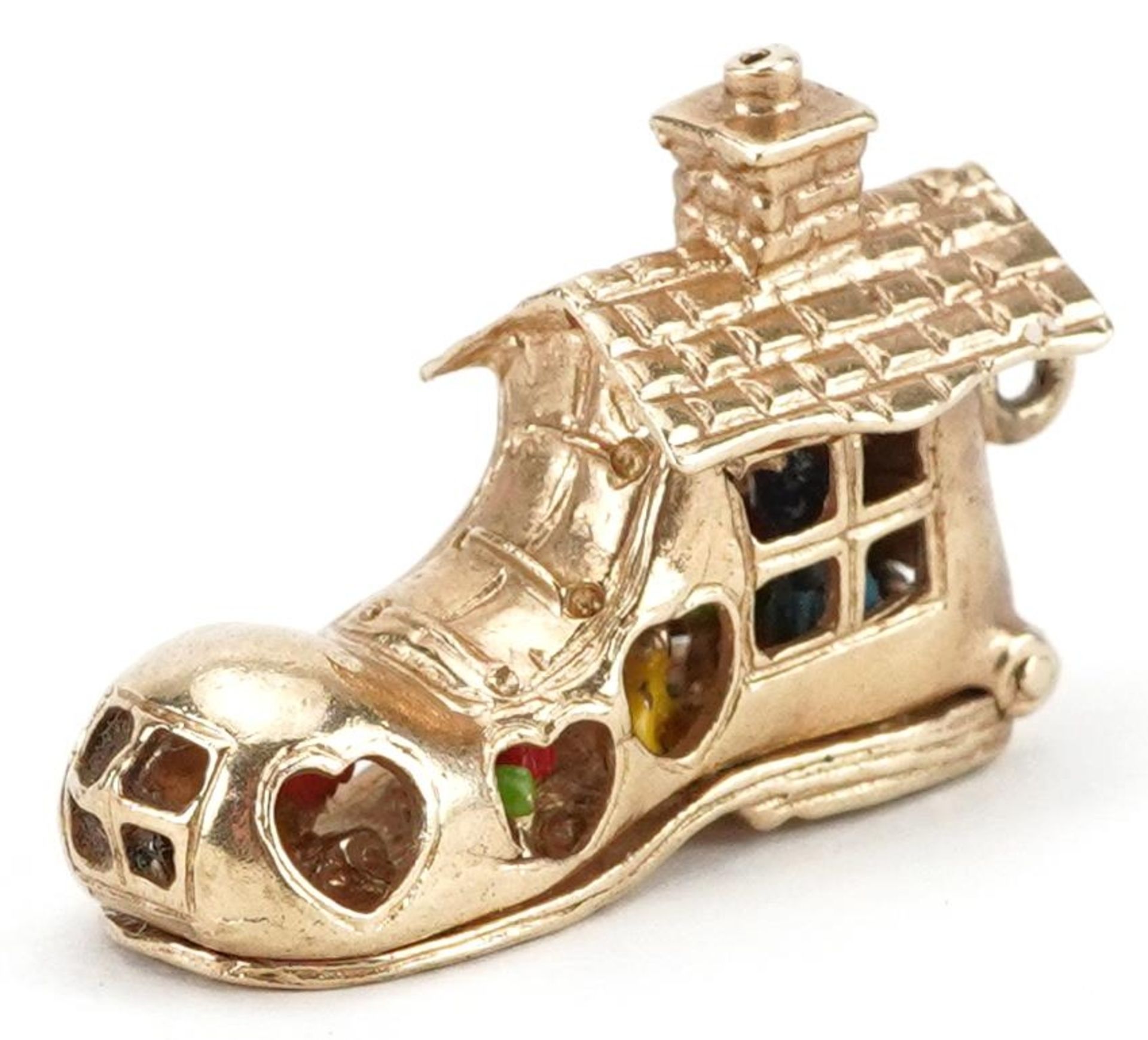 9ct gold and enamel opening charm in the form of The Old Woman Who Lived in a Shoe, 3.1cm in length, - Image 2 of 4