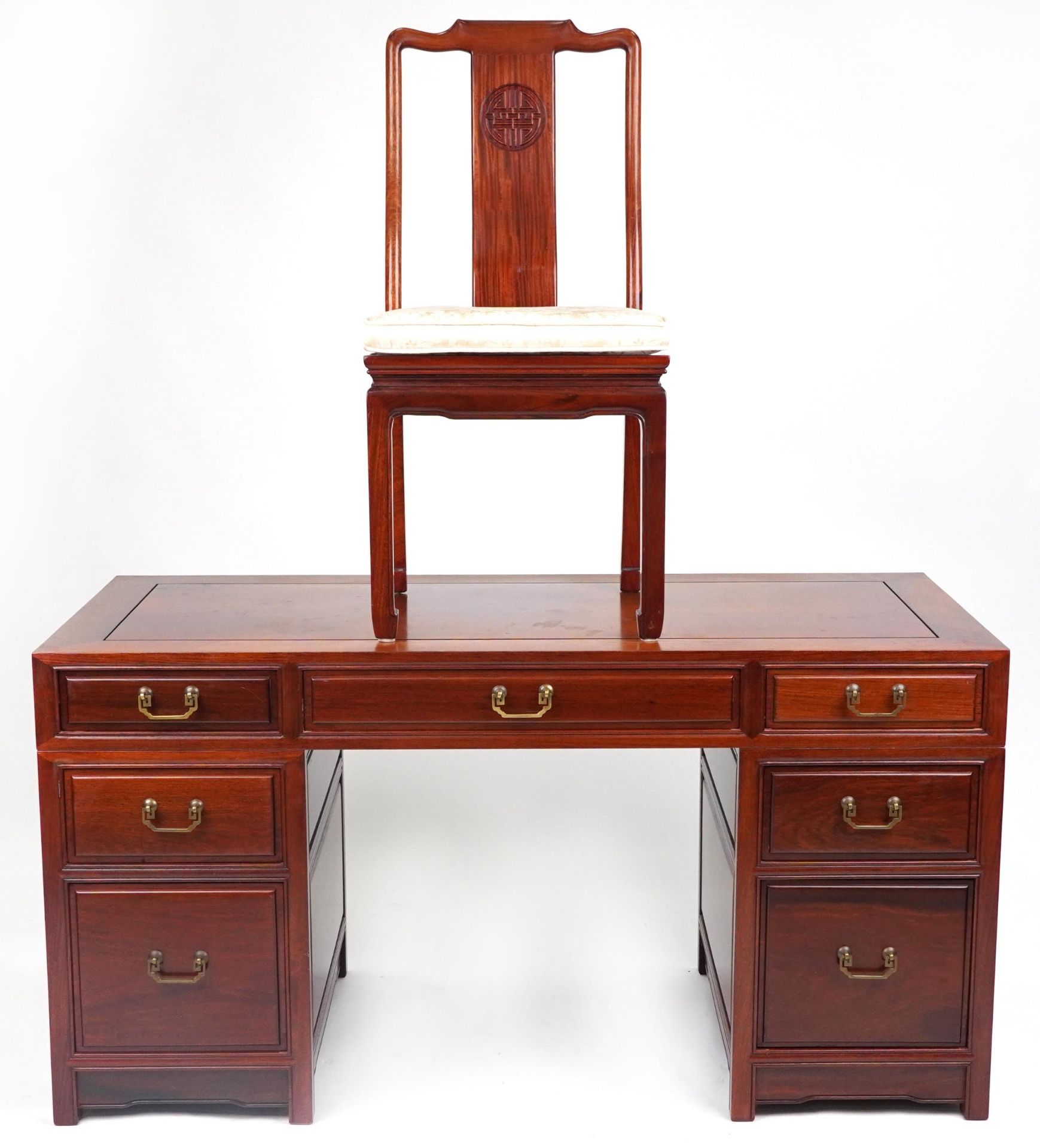 Chinese rosewood twin pedestal desk fitted with an arrangement of seven drawers, with matching - Image 2 of 7