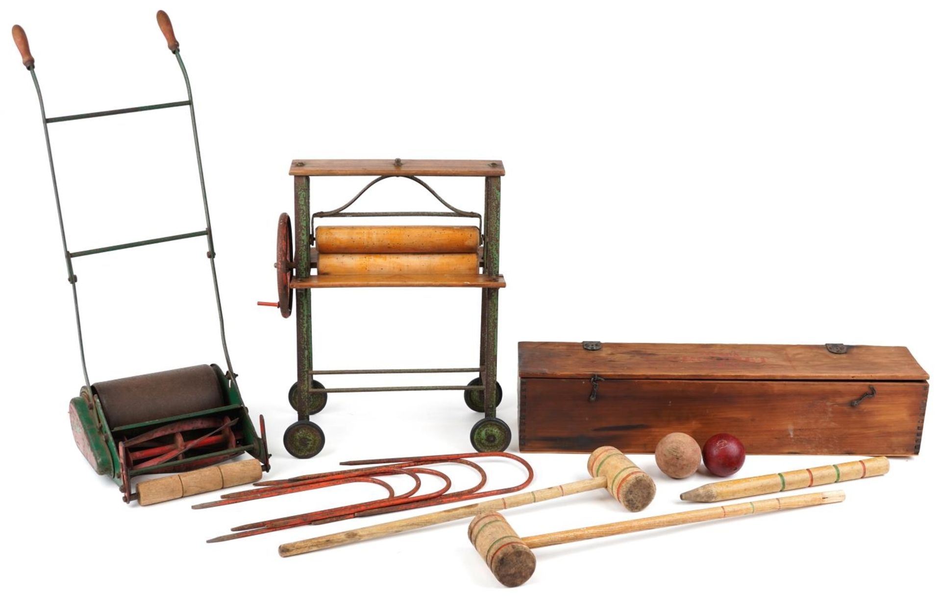 Vintage toys comprising Tri-ang croquet set with box, Tri-ang mangle and Webb miniature lawnmower