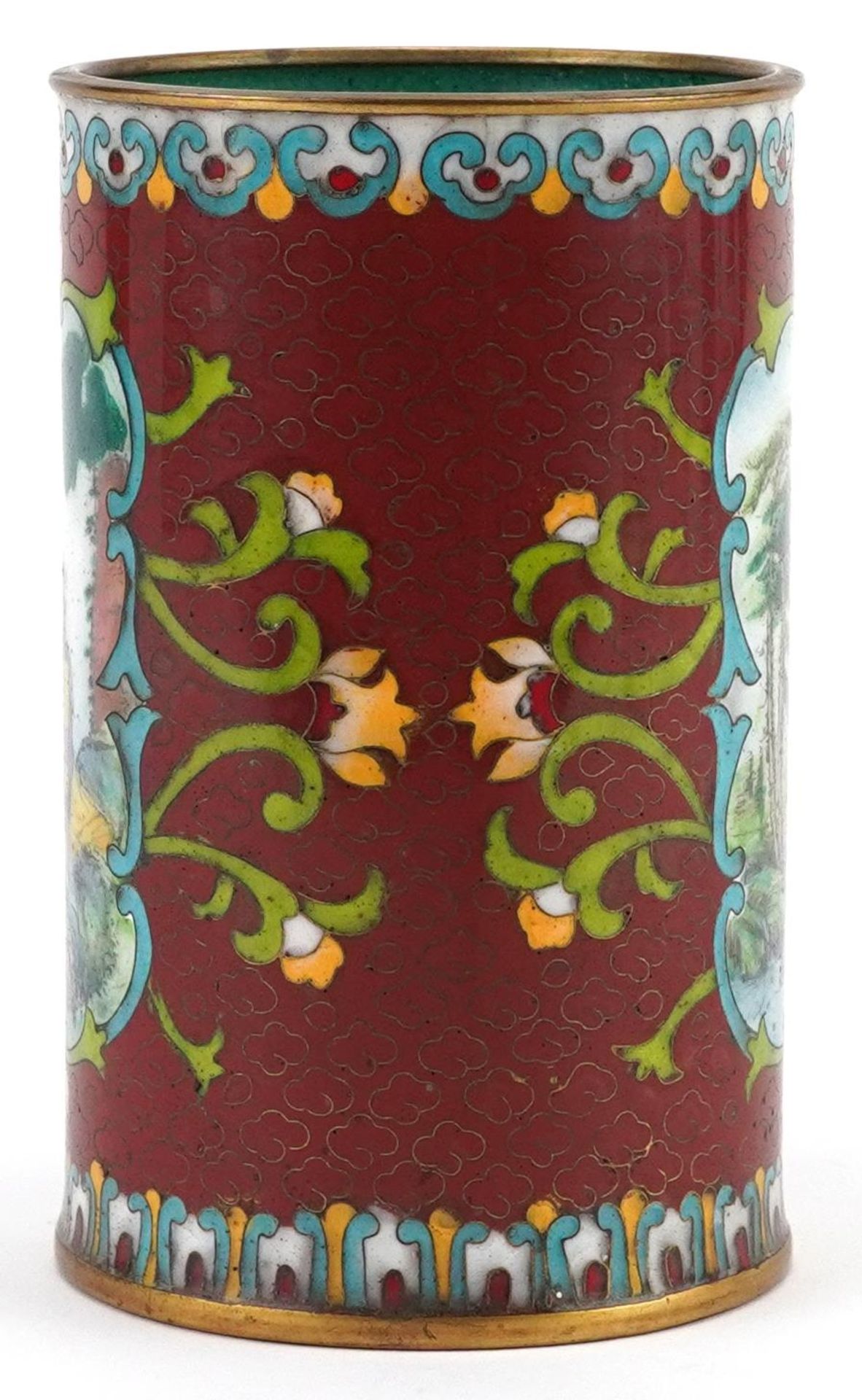 Japanese cloisonne cylindrical vase enamelled with flowers, hand painted with panels of Geisha in - Image 2 of 6