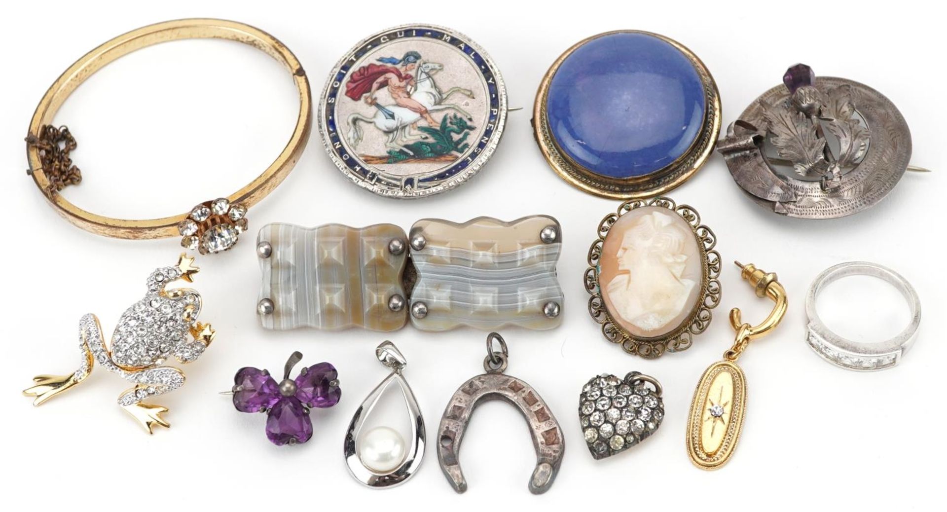 Antique and later jewellery including a George III 1819 enamelled crown brooch, cabochon Arts &