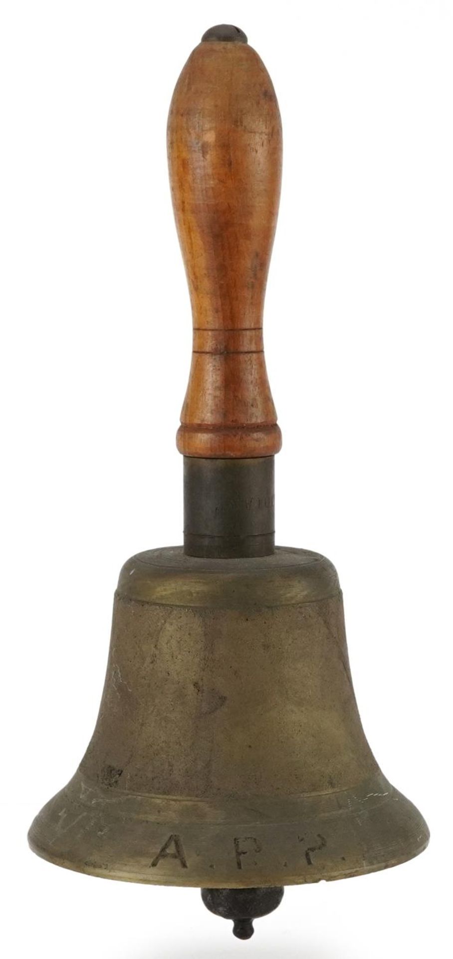 British military ARP Civil Defence bell with turned wooden handle, 26.5cm high