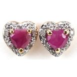 Pair of 9ct gold ruby and diamond love heart stud earrings housed in an H Samuel box, 7mm high, 1.4g