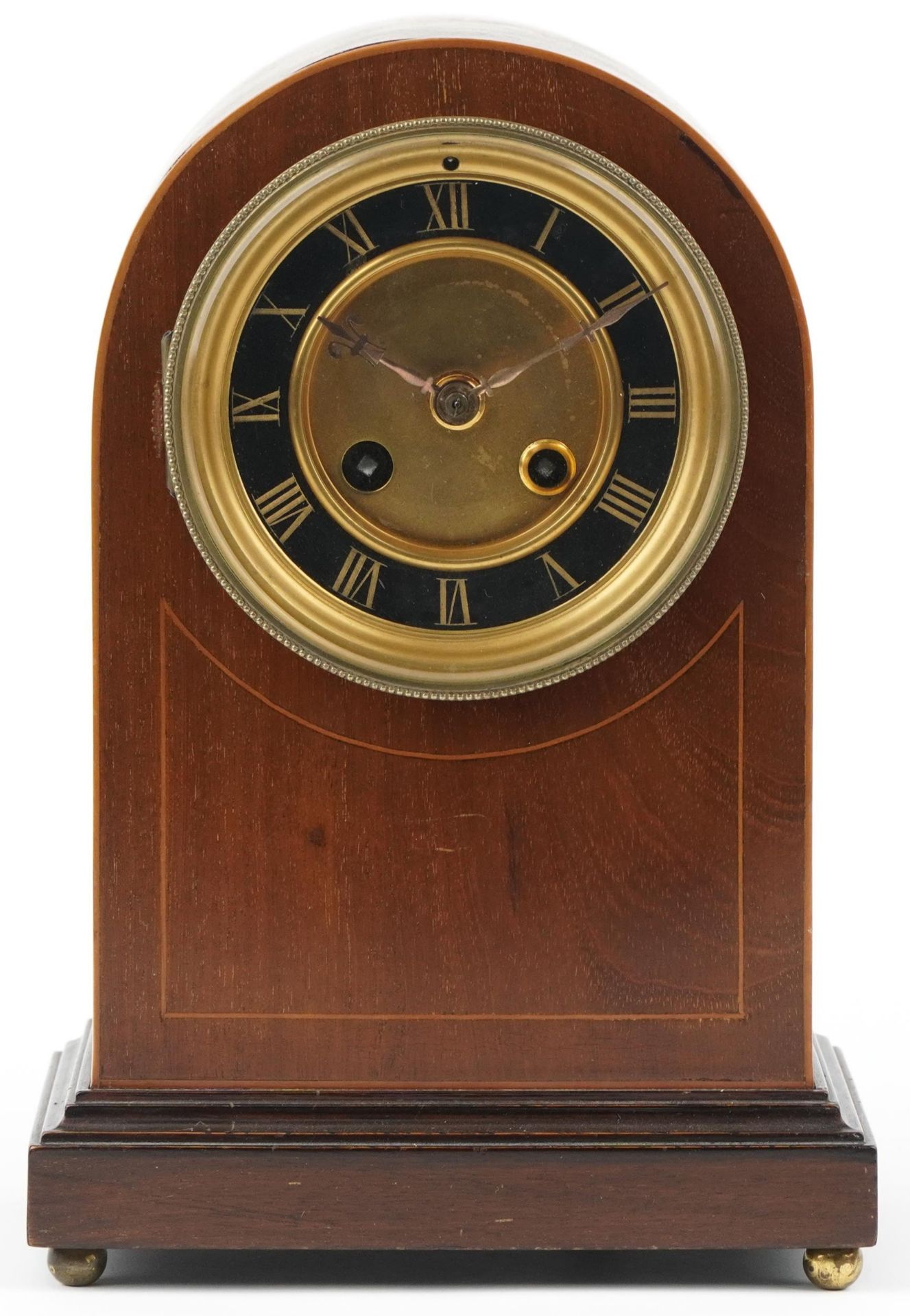 Edwardian inlaid mahogany dome top mantle clock with painted chapter ring having Roman numerals, - Image 2 of 6