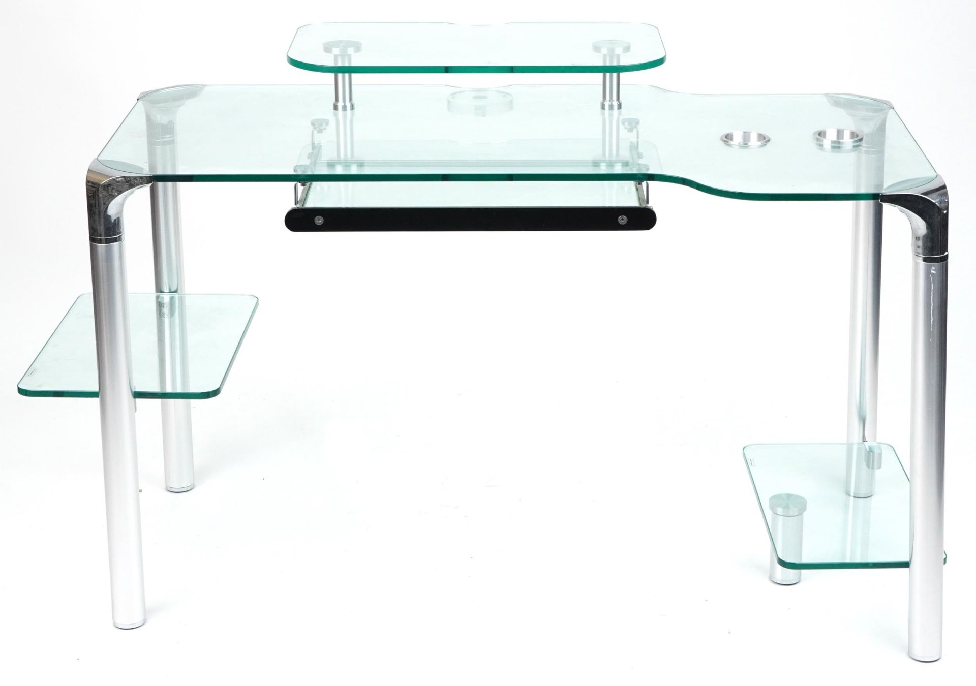 Contemporary glass computer desk with chair, the desk with chrome plated mounts and legs, 71cm H x - Bild 2 aus 9