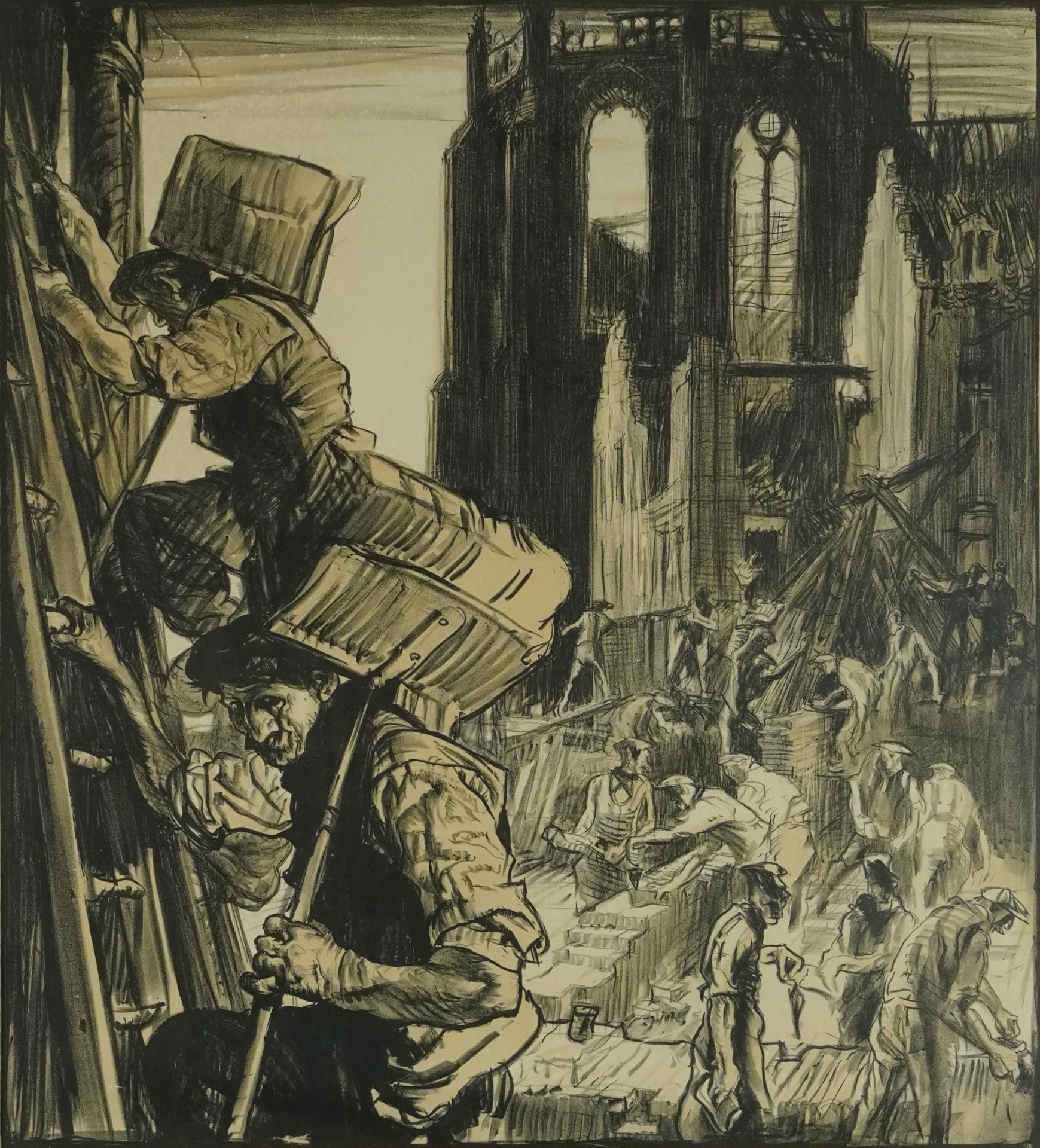 Sir Frank Brangwyn RA PPE - The Remaking of Belgium, charcoal on paper, Charles & Co London label