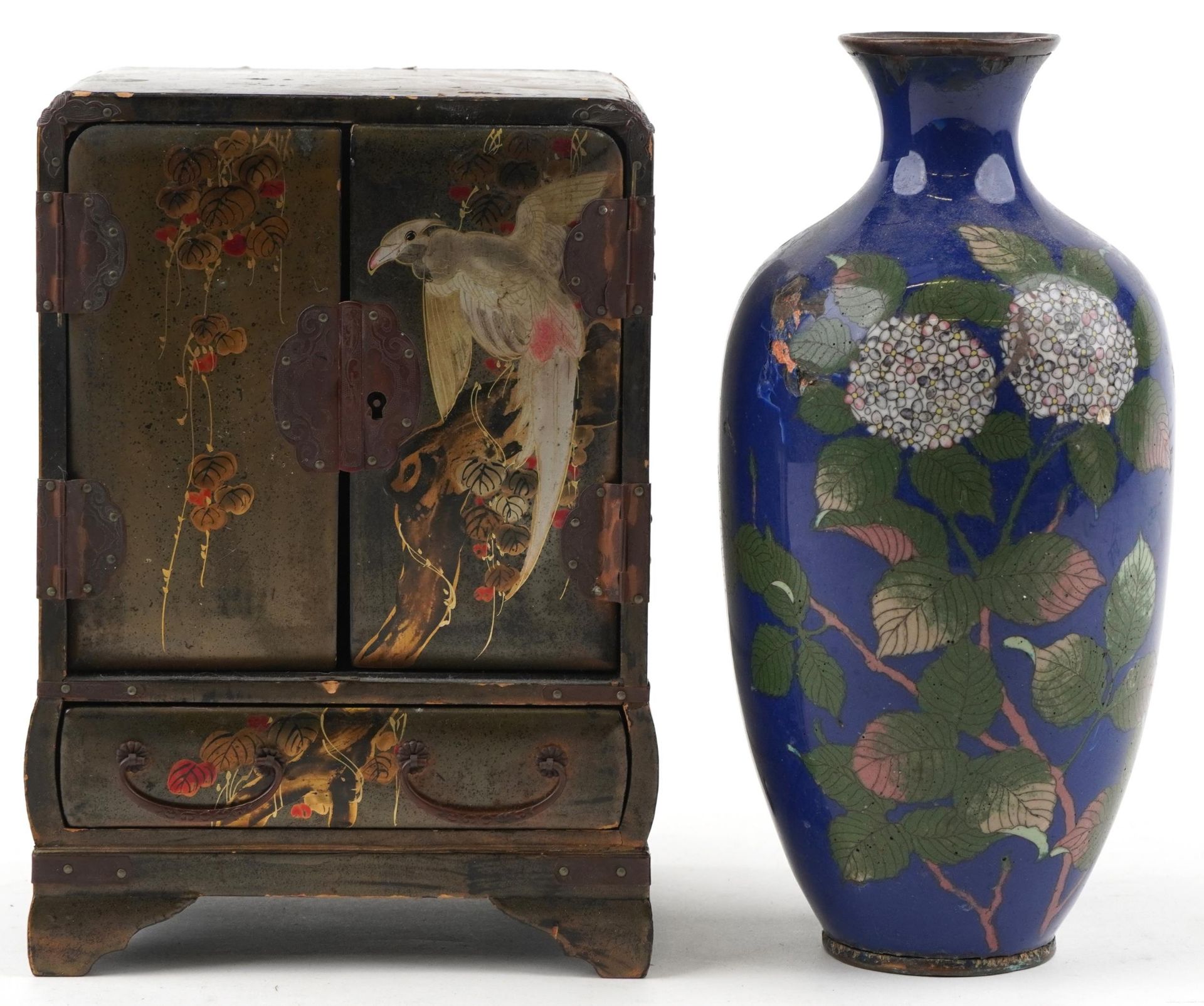 Japanese cloisonne vase enamelled with flowers and a Japanese lacquered table cabinet hand painted